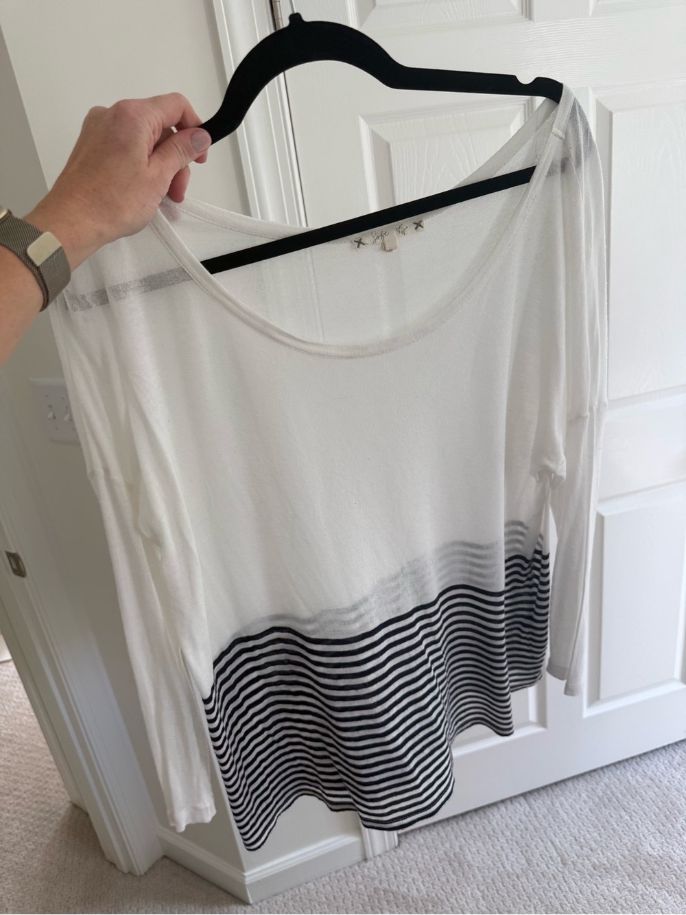 Soft Joie White Long-Sleeve Tee with Navy Striped Hem